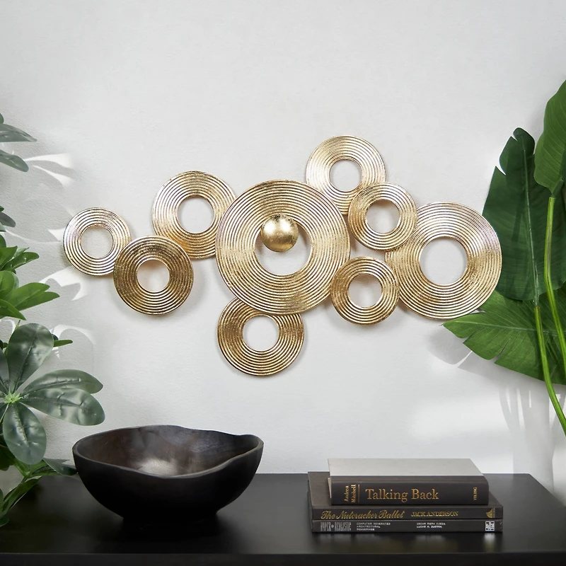 Gold Metal Abstract Stacked Circle Ring Wall Decor with Groove Texture