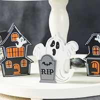 Glitzhome® Halloween Wooden Haunted House, Pumpkin & Ghost Table Block Set