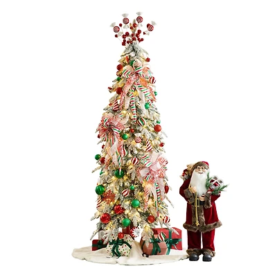 7.5ft. Pre-Lit Flocked Pencil Spruce Christmas Tree Kit with Ornaments, Tree Skirt & Santa Figurine