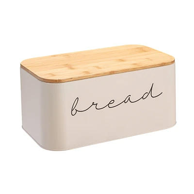 Hello Honey® 11.75" Cream Metal Bread Bin with Bamboo Lid