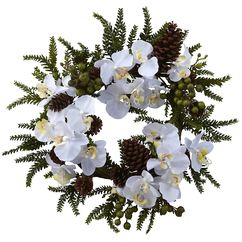 22" White Orchid & Pine Wreath