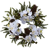 22" White Orchid & Pine Wreath