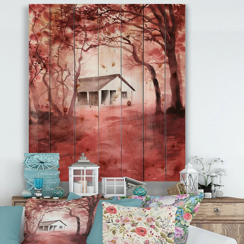 Designart - House In Red Autumn Woods