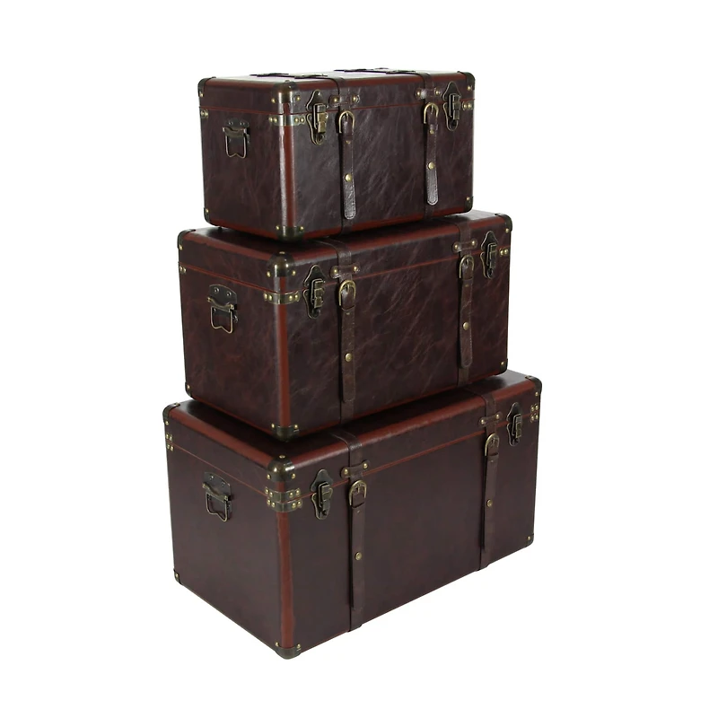 Set of 3" Brown Leather Traditional Trunk, 19", 24", 27"