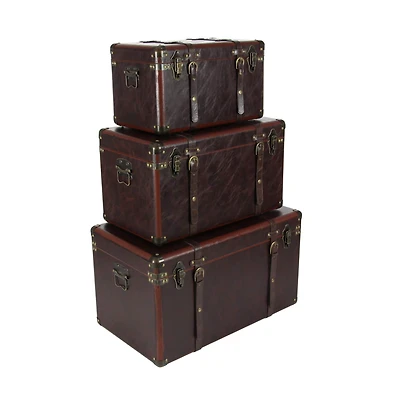 Set of 3" Brown Leather Traditional Trunk, 19", 24", 27"