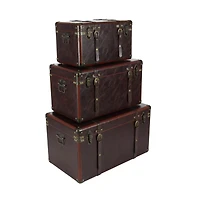 Set of 3" Brown Leather Traditional Trunk, 19", 24", 27"
