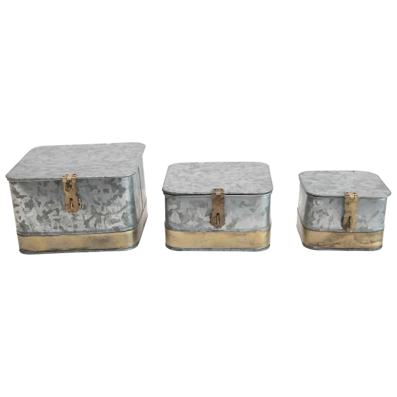 Hello Honey® Galvanized Metal Boxes with Lids & Brass Accents Set, 3ct.