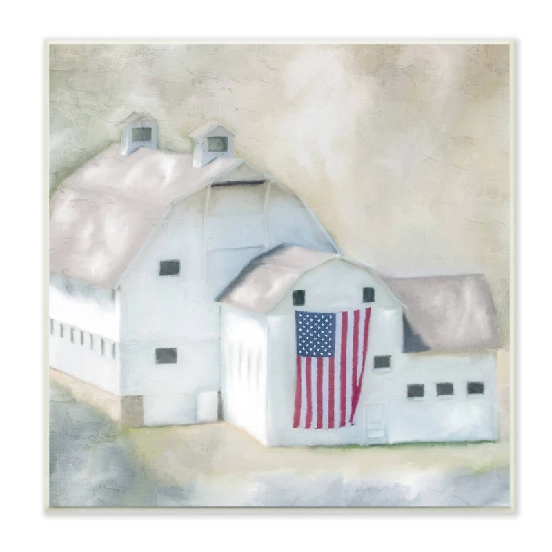 Stupell Industries American Flag White Farmhouse Barn Rural Countryside Wall Plaque Art