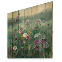 Designart - Flower field - Floral Farmhouse Print on Natural Pine Wood