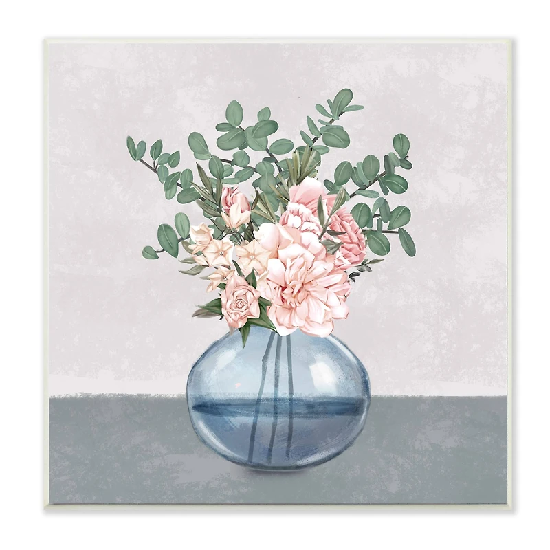 Stupell Industries Pink Rose Bouquet in Soft Blue Vase,12" x 12"