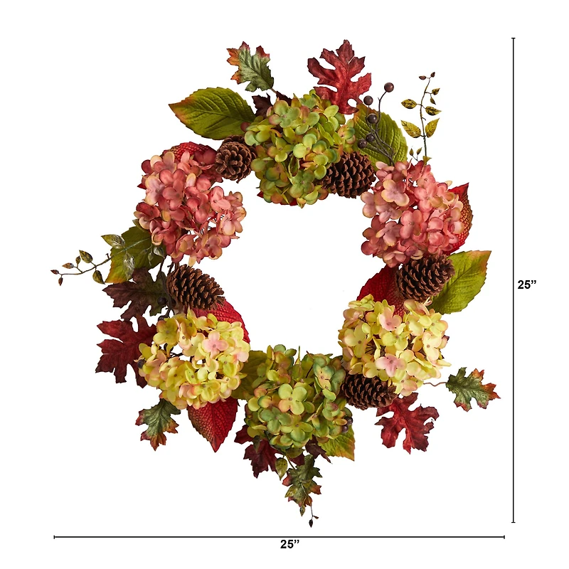 25" Hydrangea & Pinecones Fall Artificial Wreath