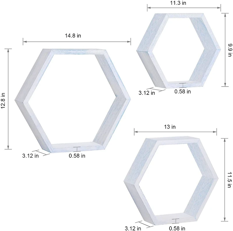 NEX™ Blue Whitewash Wall-Mounted Rustic Hexagon Honeycomb Hanging Shelf Set