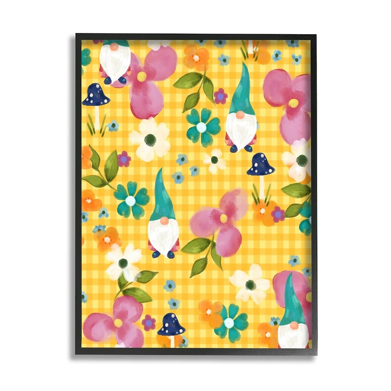 Stupell Industries Yellow Tartan Patterned Spring Gnomes Mushrooms Framed Giclee Art