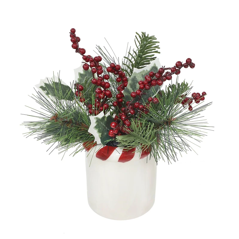 9.5" Green Pine & Red Berry Arrangement in White Ceramic Pot with Striped Rim by Ashland®