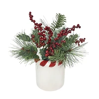 9.5" Green Pine & Red Berry Arrangement in White Ceramic Pot with Striped Rim by Ashland®