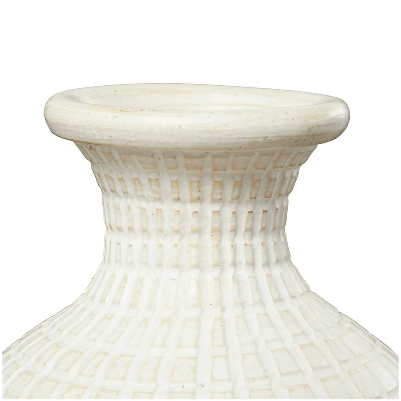 Cream Ceramic Textured Geometric Vase with Checkered Pattern
