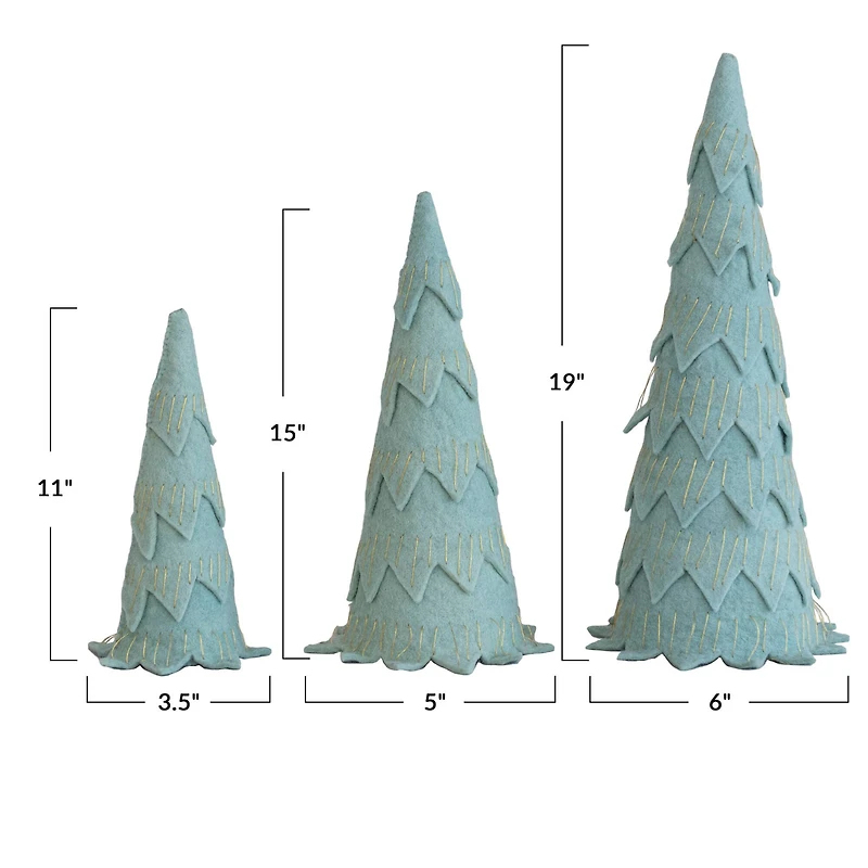 Hello Honey® Mint Green Layered Wool Felt Tree Set with Gold Metallic Stitching