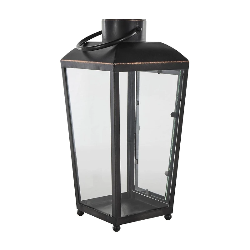 16" Black Metal Modern Candle Lantern with Gold Accents