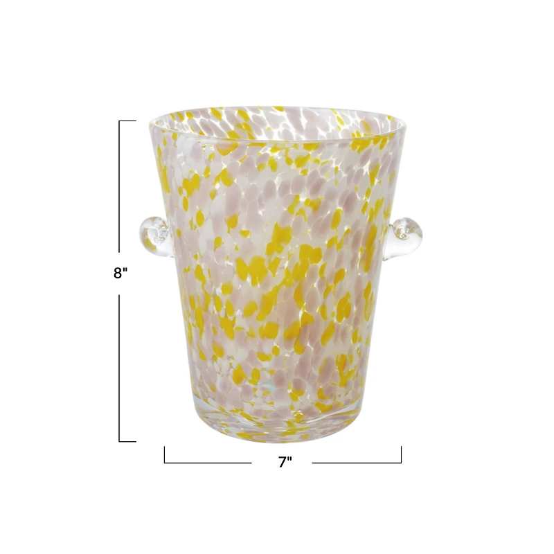 Hello Honey 2 Quart Hand-Blown Confetti Glass Ice Bucket with Handles, Yellow, Pink and White