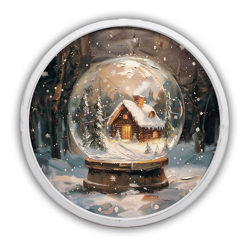 Forest Snowglobe Cabin 20" x 20" Round White Framed Print
