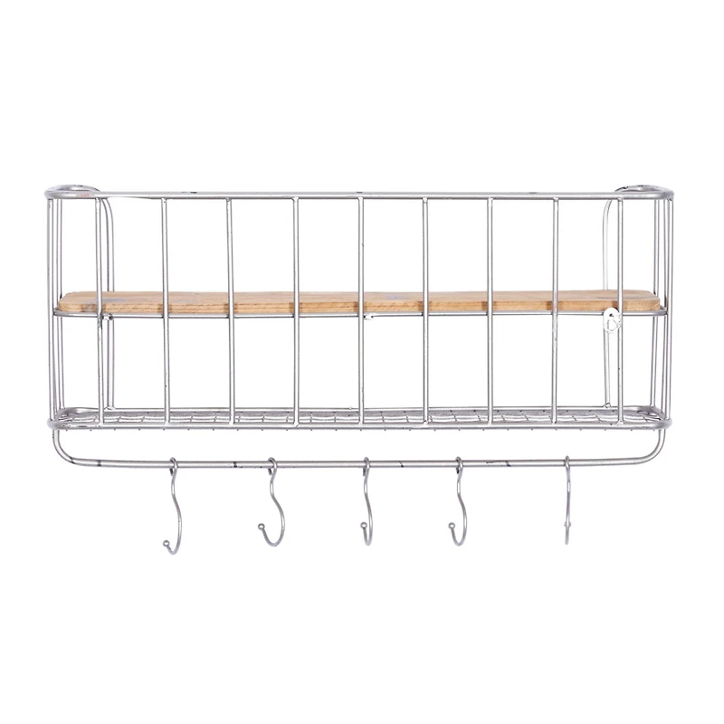 Set of 2 Silver Metal Basket & Wooden Wall Shelf Units With Hooks