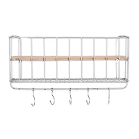 Set of 2 Silver Metal Basket & Wooden Wall Shelf Units With Hooks