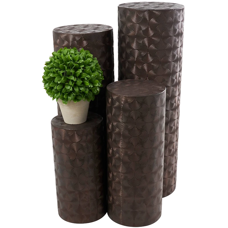 Brown Metal Tall Slim Abstract Pedestal Table with Grooved Shell Design Set