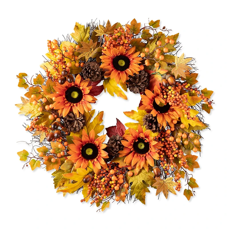 Glitzhome® 24" Fall Sunflower, Maple Leaf & Berry Wreath