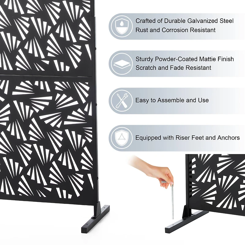 Glitzhome® 6ft. Black Galvanized Steel Irregular Geometric Pattern Privacy Screen Fence Panel & Room Divider