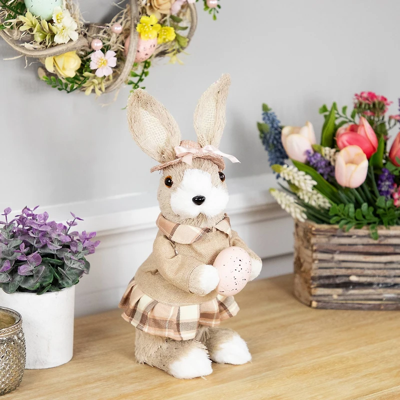 12" Beige Girl Easter Rabbit Figurine with Plaid Dress