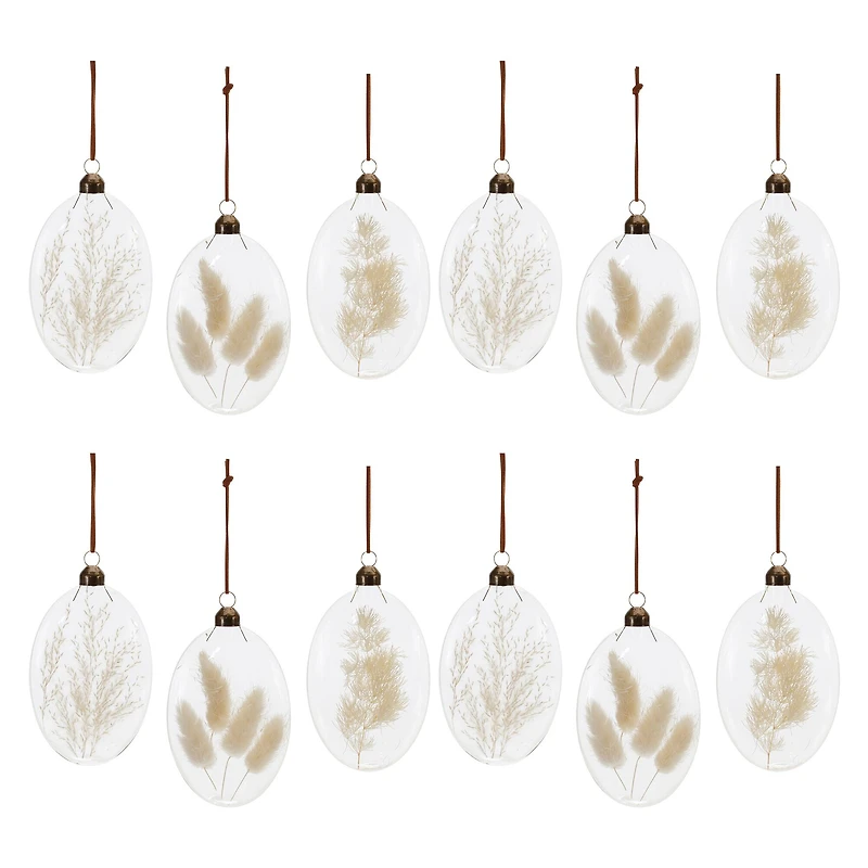 12 Pack 5.5" Natural Dried Floral Glass Ornaments