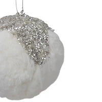 4.25" White And Silver Faux Fur Ball Ornament
