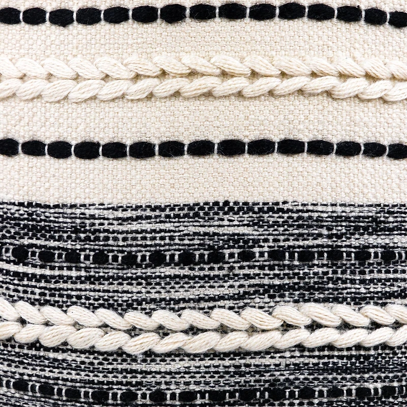 18" Cream & Black Woven Stripes Outdoor Pouf Ottoman