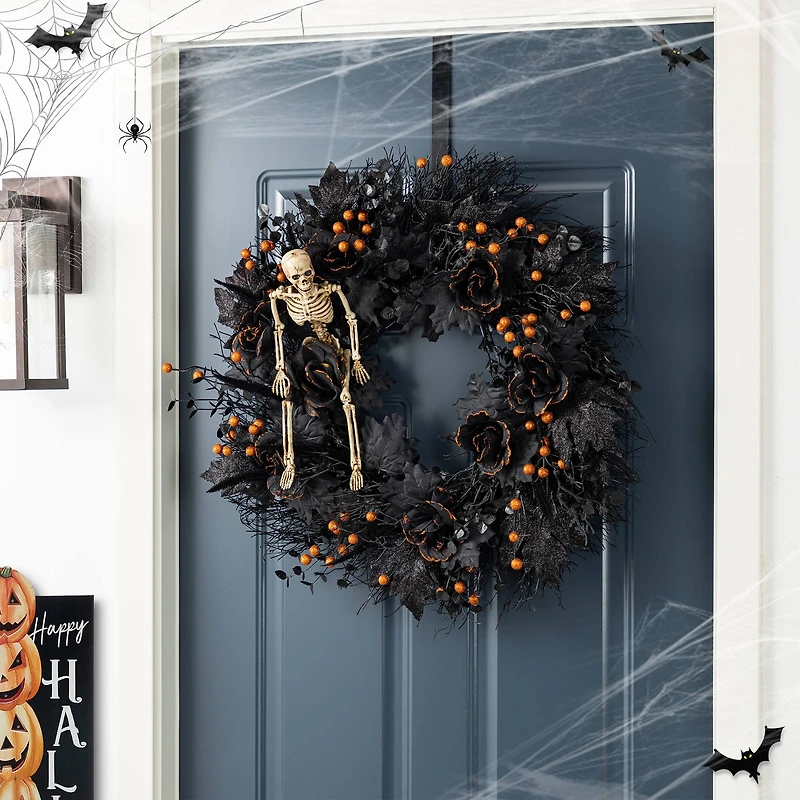 Glitzhome® 24"D Halloween Black Rose, Skeleton and Berry Wreath with Hanger