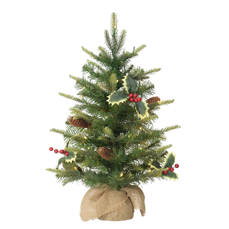 2ft. Pre-Lit Artificial Christmas Tree with Pine Cones in Burlap Sack, Warm White LED Lights