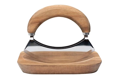 Hello Honey® Natural Acacia Wood and Stainless Steel Italian Mezzaluna Knife with Square Cutting Board Set