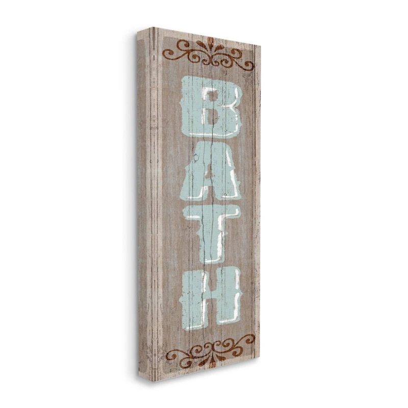 Stupell Industries Rustic Charm Bath Sign Blue Brown Family Bathroom Canvas Wall Art
