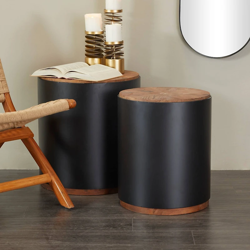 Black Metal Accent Table with Brown Wood Top Set of 2 21", 19"