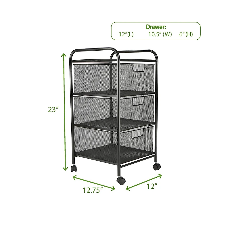 Mind Reader Black 3 Drawer Mesh Rolling Cart
