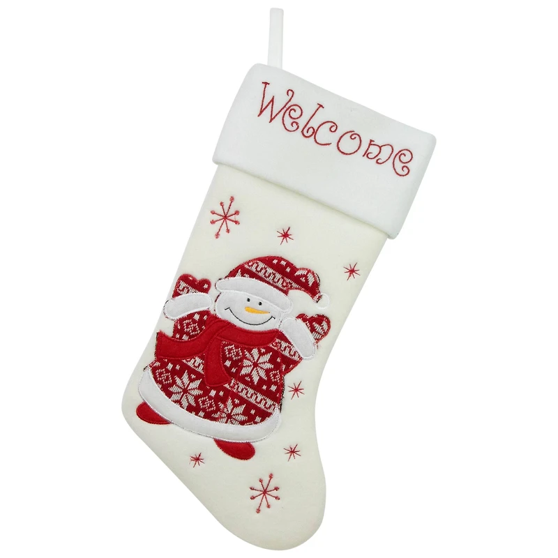 16" Red & White Welcome Snowman Embroidered Christmas Stocking
