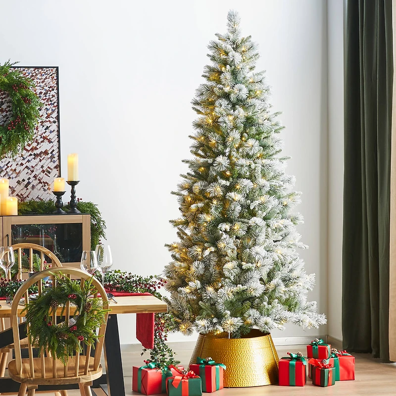 Glitzhome® 7.5ft Pre-Lit Flocked Slim Pine Artificial Christmas Tree, Warm White LED Lights