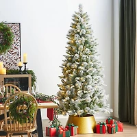 Glitzhome® 7.5ft Pre-Lit Flocked Slim Pine Artificial Christmas Tree, Warm White LED Lights