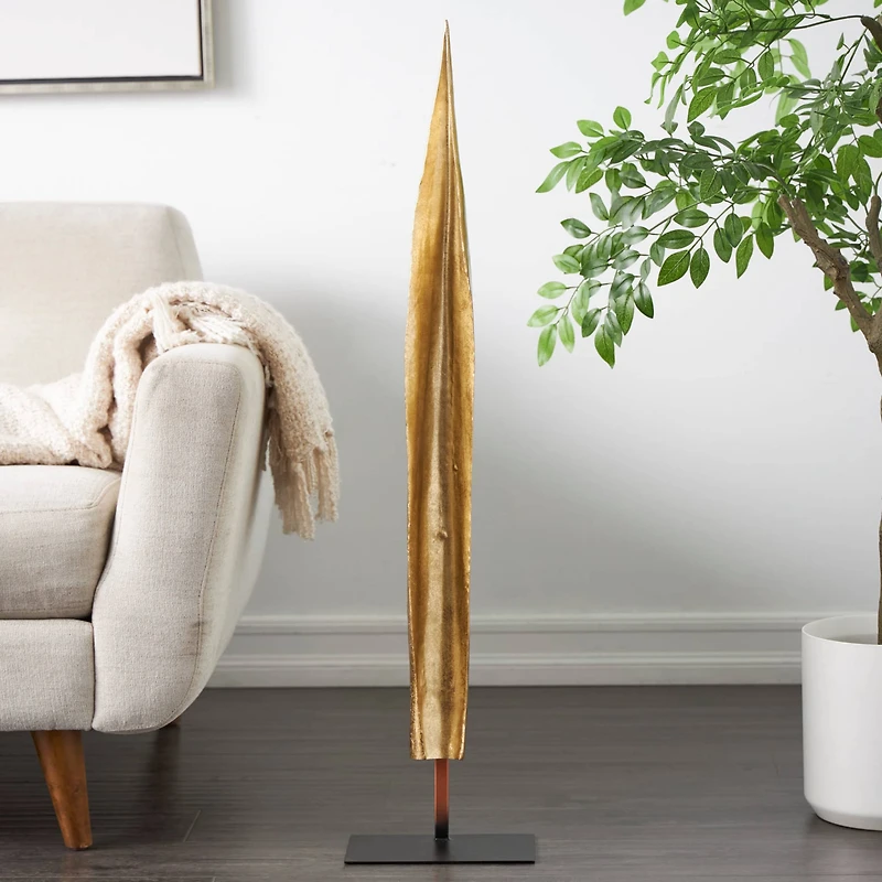 39" Gold Polystone Slim Leaf Abstract Sculpture with Black Metal Stand