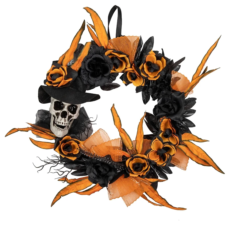 14" Skull with Black & Orange Roses Halloween Wreath