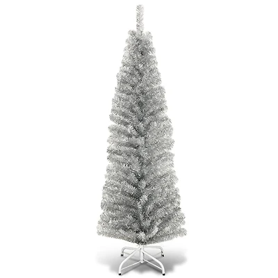 Costway 6ft. Unlit Silver Slim Pencil Tinsel Artificial Christmas Tree