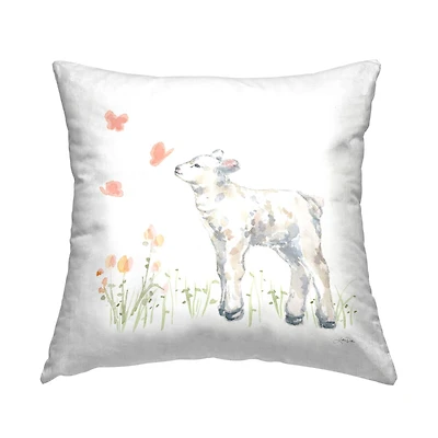 Stupell Industries Baby Lamb Pink Fluttering Butterflies Meadow Throw Pillow, 18" x 18"