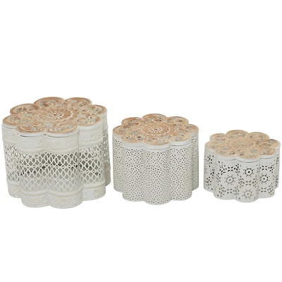 White Metal Quatrefoil Decorative Jars with Wood Carved Lids Set