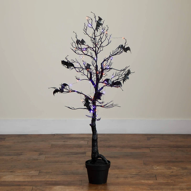 4ft. Pre-Lit Artificial Halloween Black Spooky Twig Tree with Bats and 120 Orange & Purple LED Lights