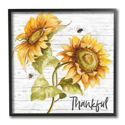 Stupell Industries Thankful Text Country Sunflowers Bumble Bees Framed Wall Art
