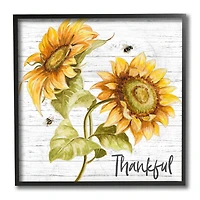 Stupell Industries Thankful Text Country Sunflowers Bumble Bees Framed Wall Art